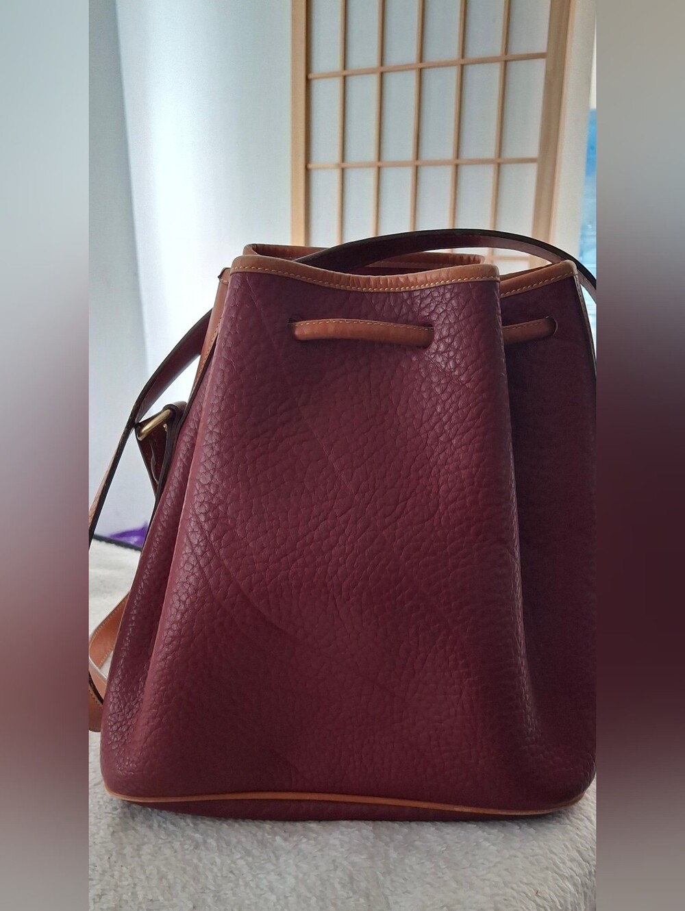 Dooney & Bourke Burgundy and Brown Pebbled Leather Drawstring Shoulder Bag - Picture 6 of 10